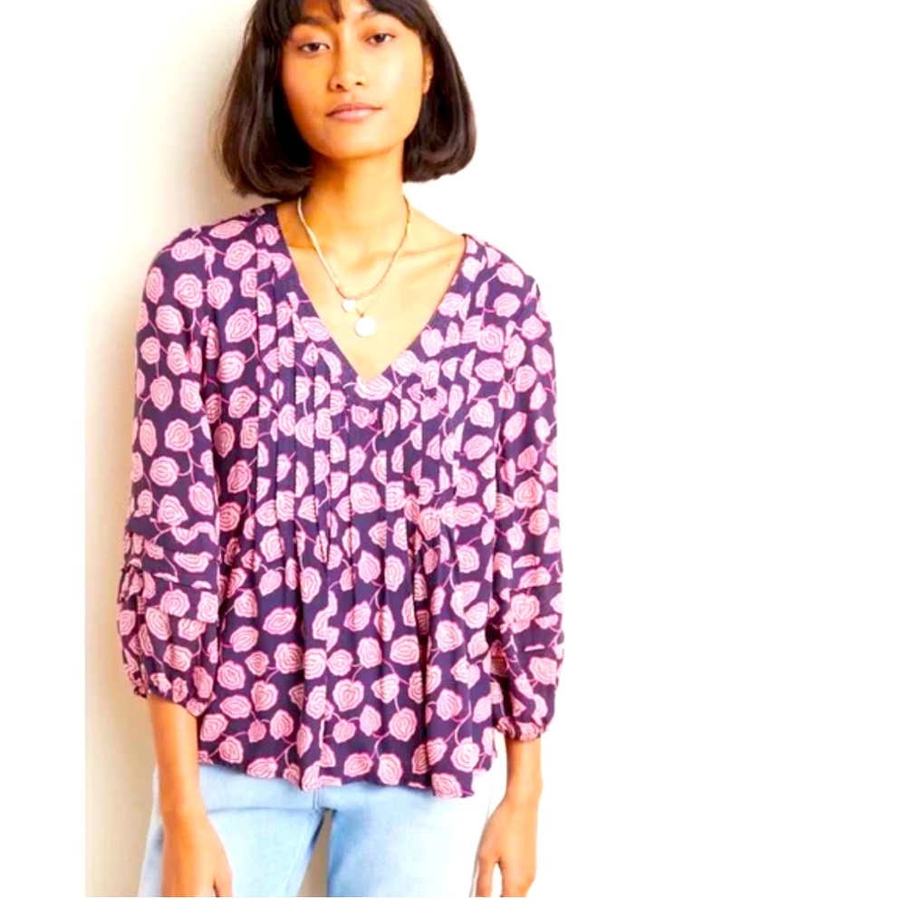 Anthropologie Maeve Cathy‎ Pleated Floral Print Blouse S